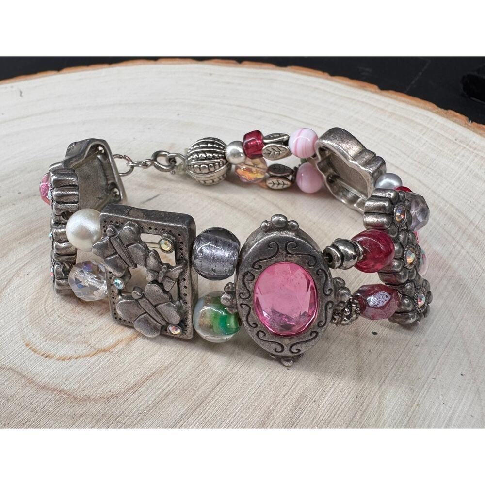 Whimsical Vintage AJMC 8" Charm Bracelet Pink Glass & Silver Tone